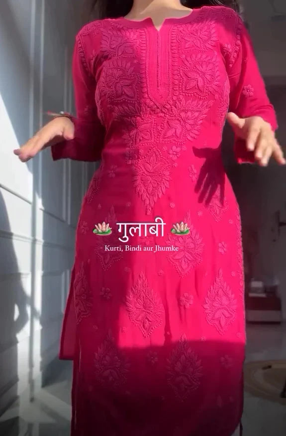 Dark Pink Hand Embroidery Chikankari Long Kurti