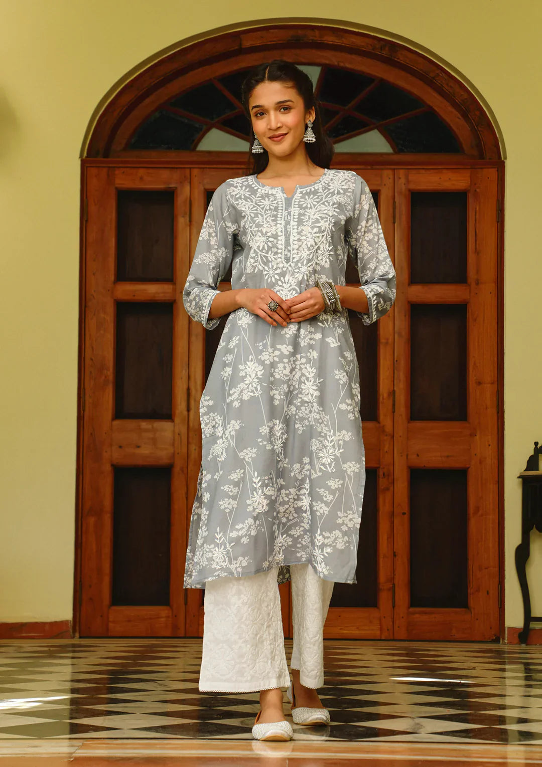 Zainab Chikankari Mulmul Printed Straight Kurta -Grey