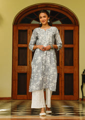 Zainab Chikankari Mulmul Printed Straight Kurta -Grey