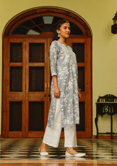 Zainab Chikankari Mulmul Printed Straight Kurta -Grey