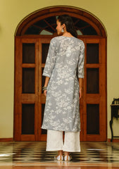 Zainab Chikankari Mulmul Printed Straight Kurta -Grey