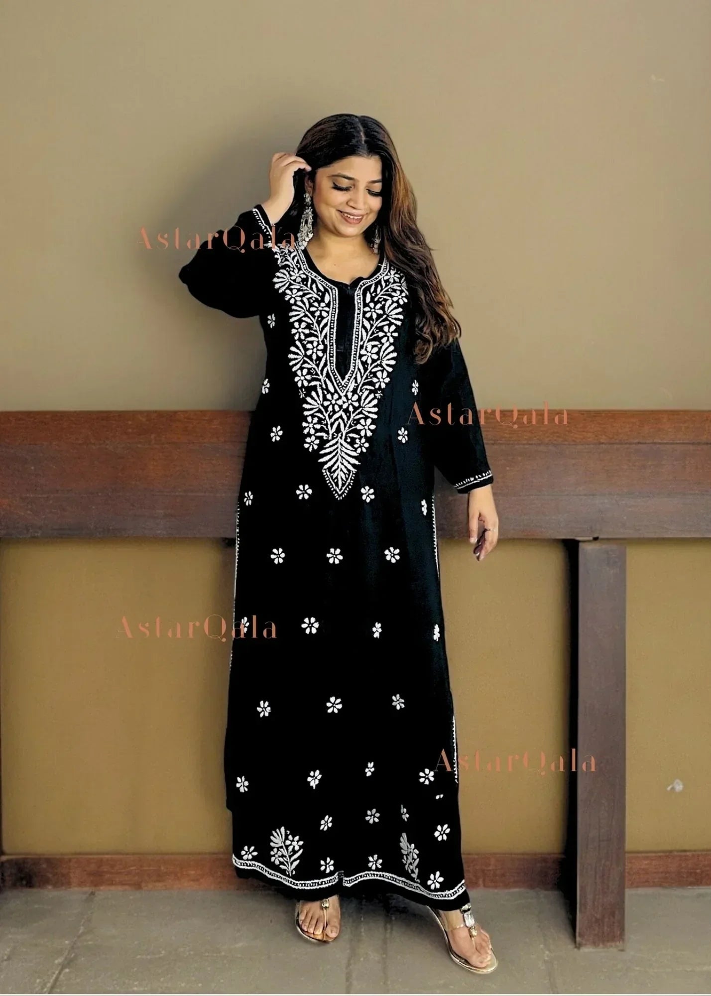 Chikankari Cotton Straight Kurta Set For Women (Black)