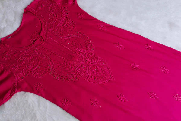 Dark Pink Hand Embroidery Chikankari Long Kurti