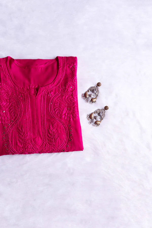 Dark Pink Hand Embroidery Chikankari Long Kurti