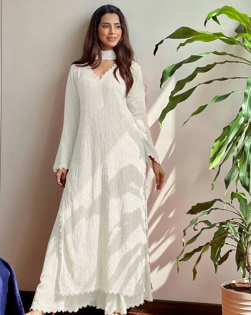 New Viscose Georgette Chikankari Kurta With Palazzo And Dupatta  (WHITE)