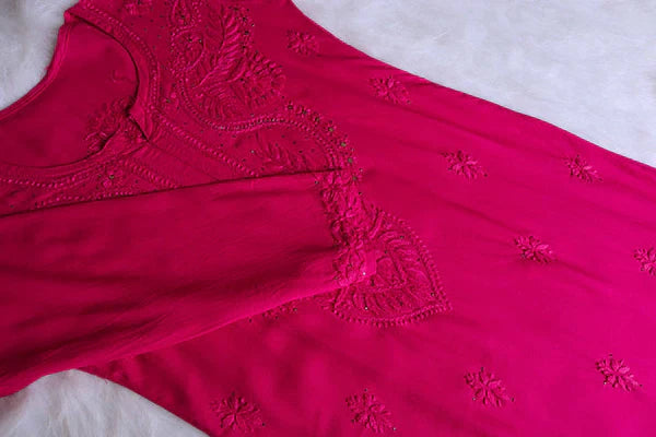 Dark Pink Hand Embroidery Chikankari Long Kurti