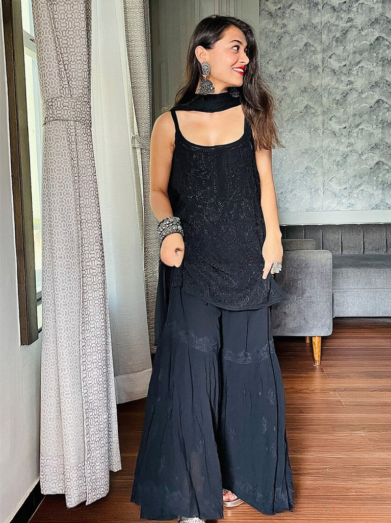 Strappy Viscose Georgette Chikankari Gharara Set(Black)