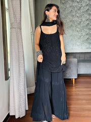 Strappy Viscose Georgette Chikankari Gharara Set(Black)