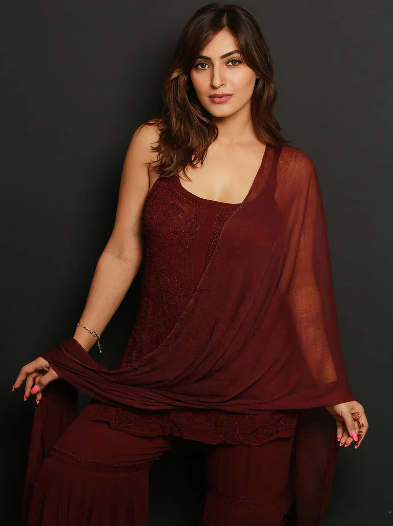 Strappy Viscose Georgette Chikankari Gharara Set(Chocolate)