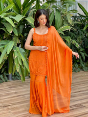 Strappy Viscose Georgette Chikankari Gharara Set (Orange)