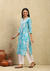 Zainab Mulmul Chikankari Printed Straight Kurta-Turquoise Blue