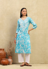Zainab Mulmul Chikankari Printed Straight Kurta-Turquoise Blue