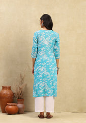 Zainab Mulmul Chikankari Printed Straight Kurta-Turquoise Blue