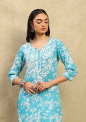 Zainab Mulmul Chikankari Printed Straight Kurta-Turquoise Blue