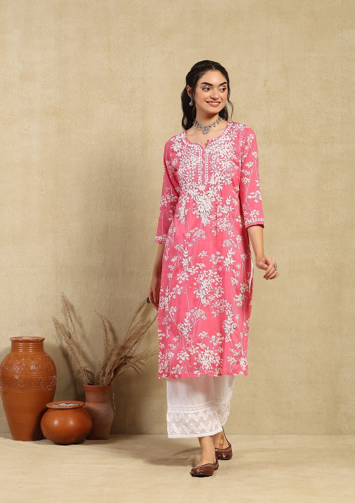 Zainab Chikankari Mulmul Printed Straight Kurta -Pink