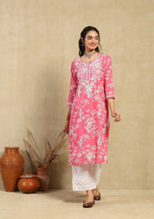 Zainab Chikankari Mulmul Printed Straight Kurta -Pink