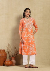 Zainab Chikankari Mulmul Printed Straight Kurta -Orange