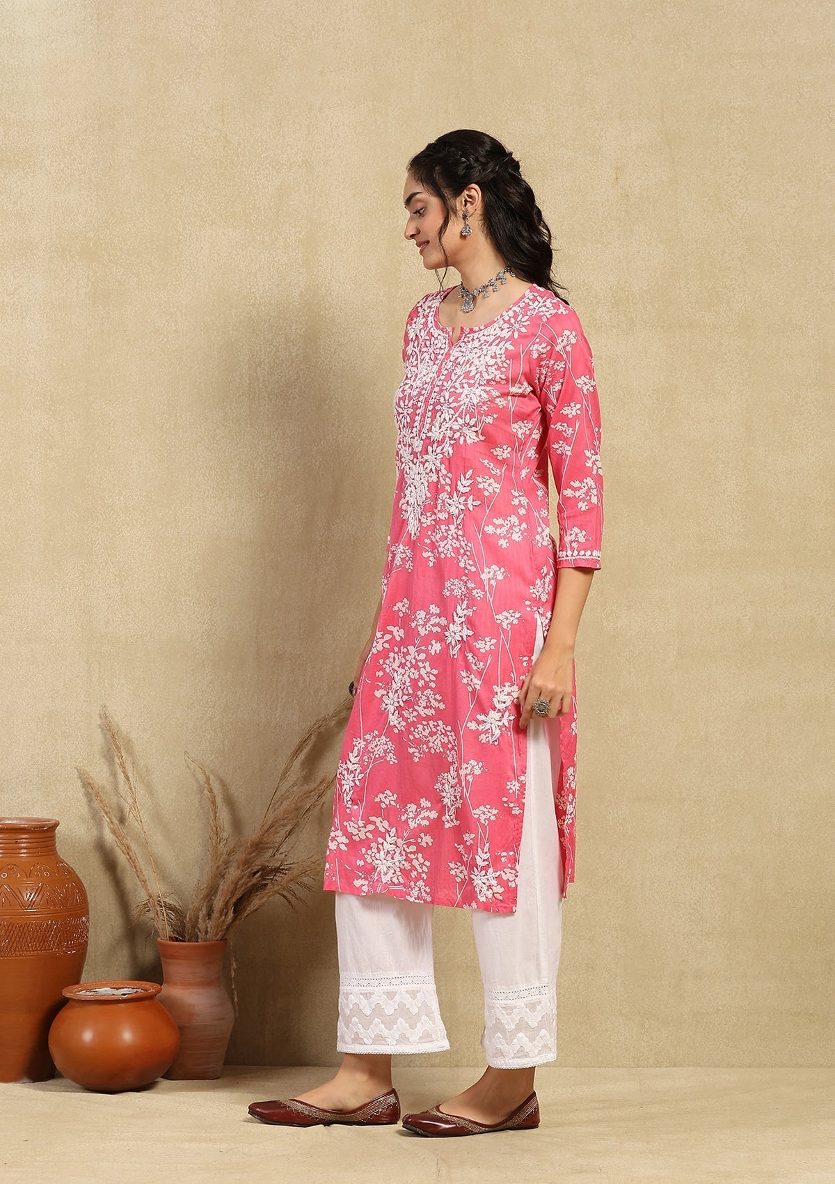 Zainab Chikankari Mulmul Printed Straight Kurta -Pink