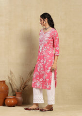 Zainab Chikankari Mulmul Printed Straight Kurta -Pink