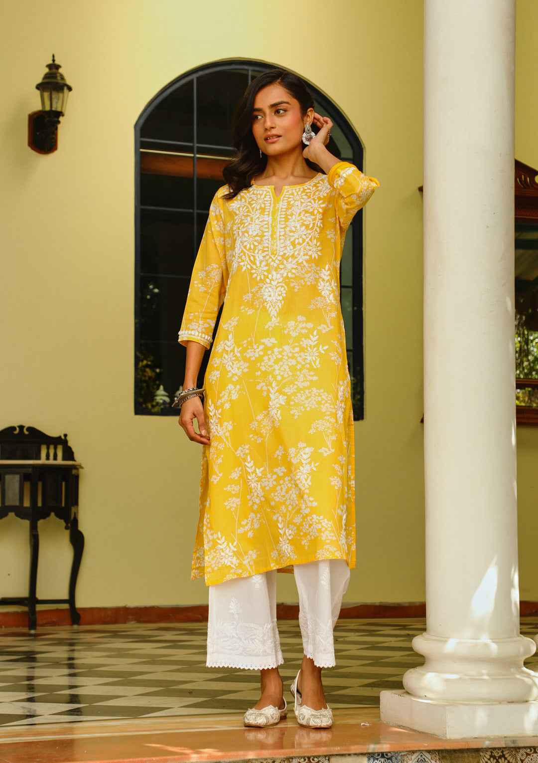 Zainab Chikankari Mulmul Printed Straight Kurta -Yellow