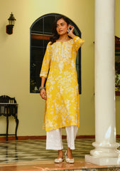 Zainab Chikankari Mulmul Printed Straight Kurta -Yellow