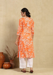 Zainab Chikankari Mulmul Printed Straight Kurta -Orange