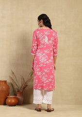 Zainab Chikankari Mulmul Printed Straight Kurta -Pink