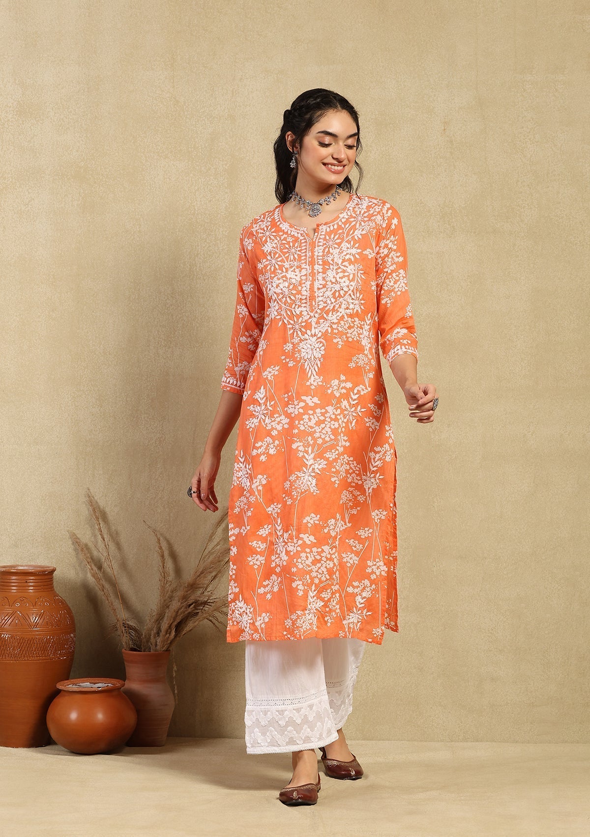 Zainab Chikankari Mulmul Printed Straight Kurta -Orange