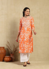 Zainab Chikankari Mulmul Printed Straight Kurta -Orange