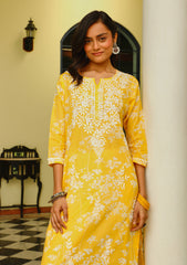 Zainab Chikankari Mulmul Printed Straight Kurta -Yellow