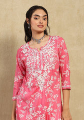 Zainab Chikankari Mulmul Printed Straight Kurta -Pink
