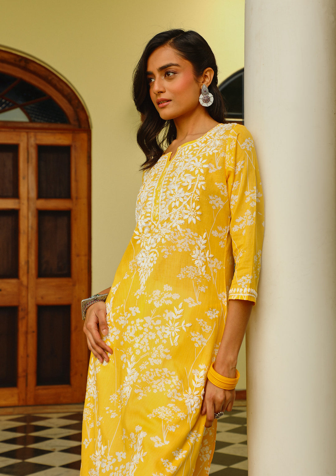 Zainab Chikankari Mulmul Printed Straight Kurta -Yellow