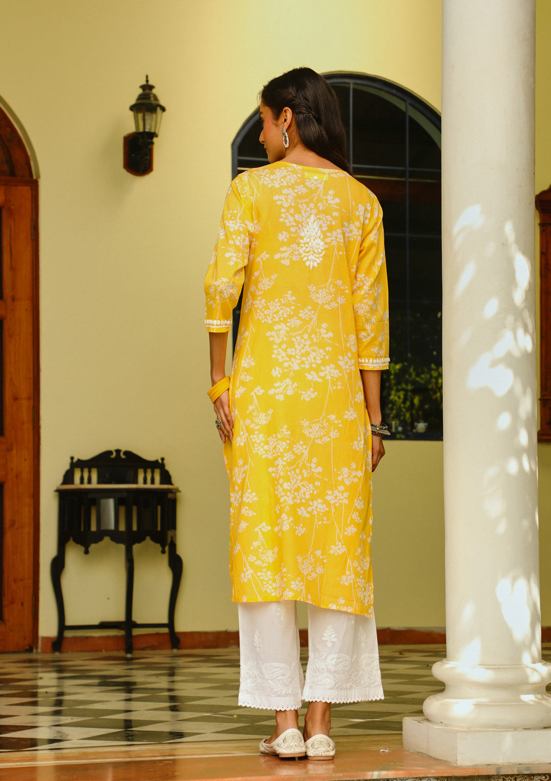 Zainab Chikankari Mulmul Printed Straight Kurta -Yellow