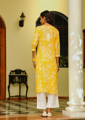 Zainab Chikankari Mulmul Printed Straight Kurta -Yellow