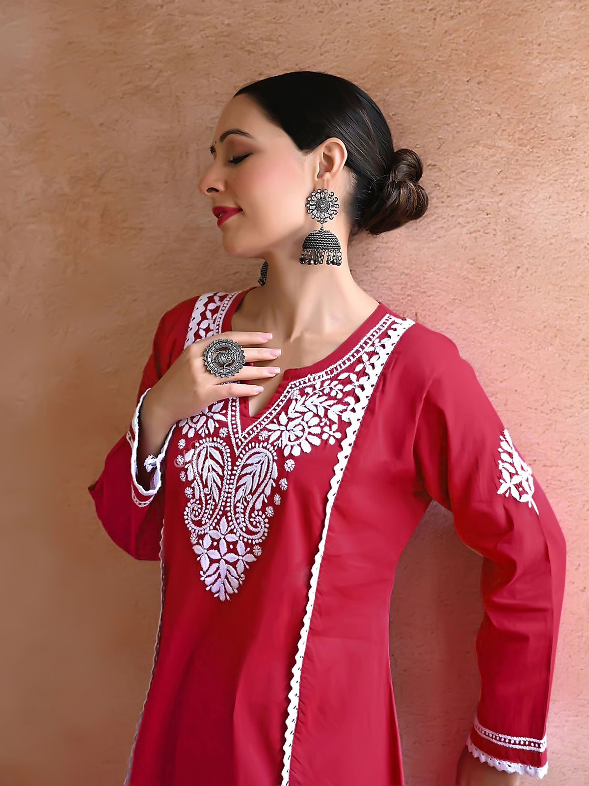 New Chikankari Exclusive  Kurti_Pent Pair  (Red)1
