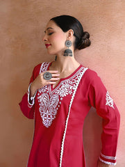 New Chikankari Exclusive  Kurti_Pent Pair  (Red)1