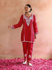 New Chikankari Exclusive  Kurti_Pent Pair  (Red)1