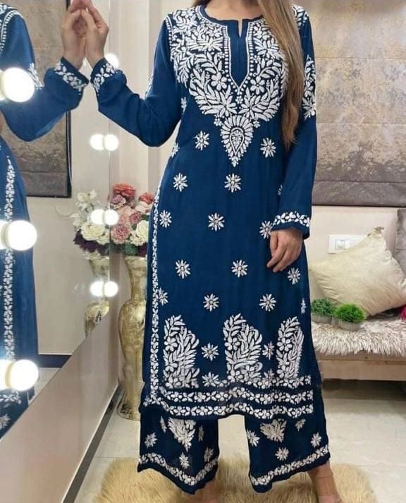 LUCKNOW CHIKANKARI EXCLUSIVE KURTI_PAIR PENT DESIGN (Dark Blue)