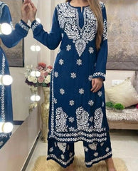 LUCKNOW CHIKANKARI EXCLUSIVE KURTI_PAIR PENT DESIGN (Dark Blue)