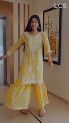 LUCKNOW CHIKANKARI EXCLUSIVE KURTI_PAIR PENT DESIGN (YELLOW)