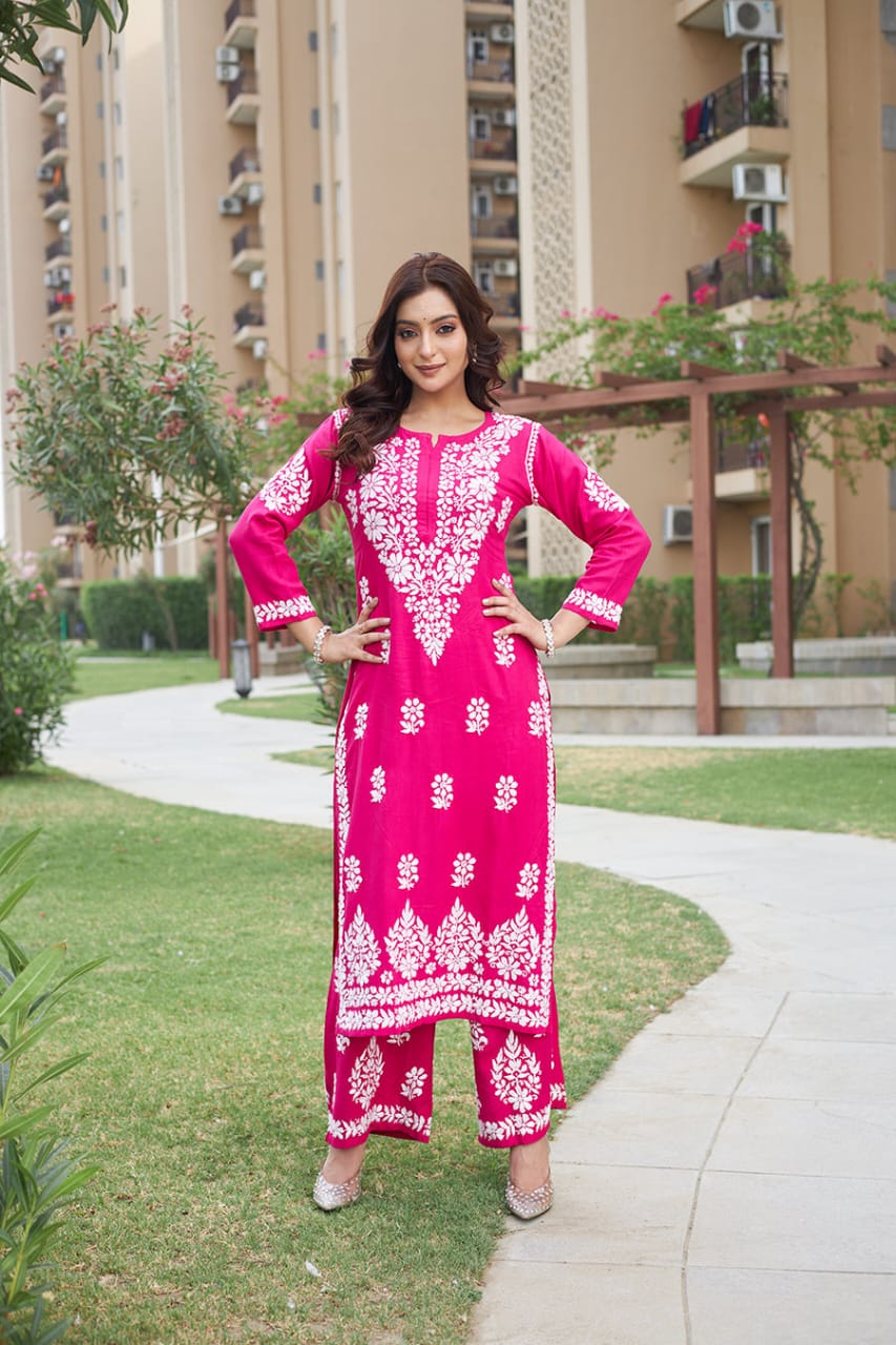 New LUCKNOW CHIKANKARI EXCLUSIVE KURTI_PENT PAIR DESIGN(Rani Pink)