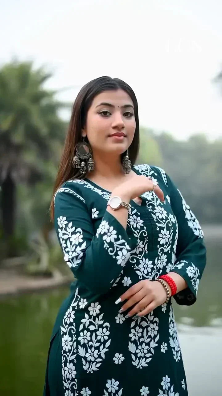 New LUCKNOW CHIKANKARI EXCLUSIVE KURTI_PENT PAIR DESIGN (Dark Green)