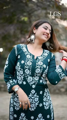 New LUCKNOW CHIKANKARI EXCLUSIVE KURTI_PENT PAIR DESIGN (Dark Green)