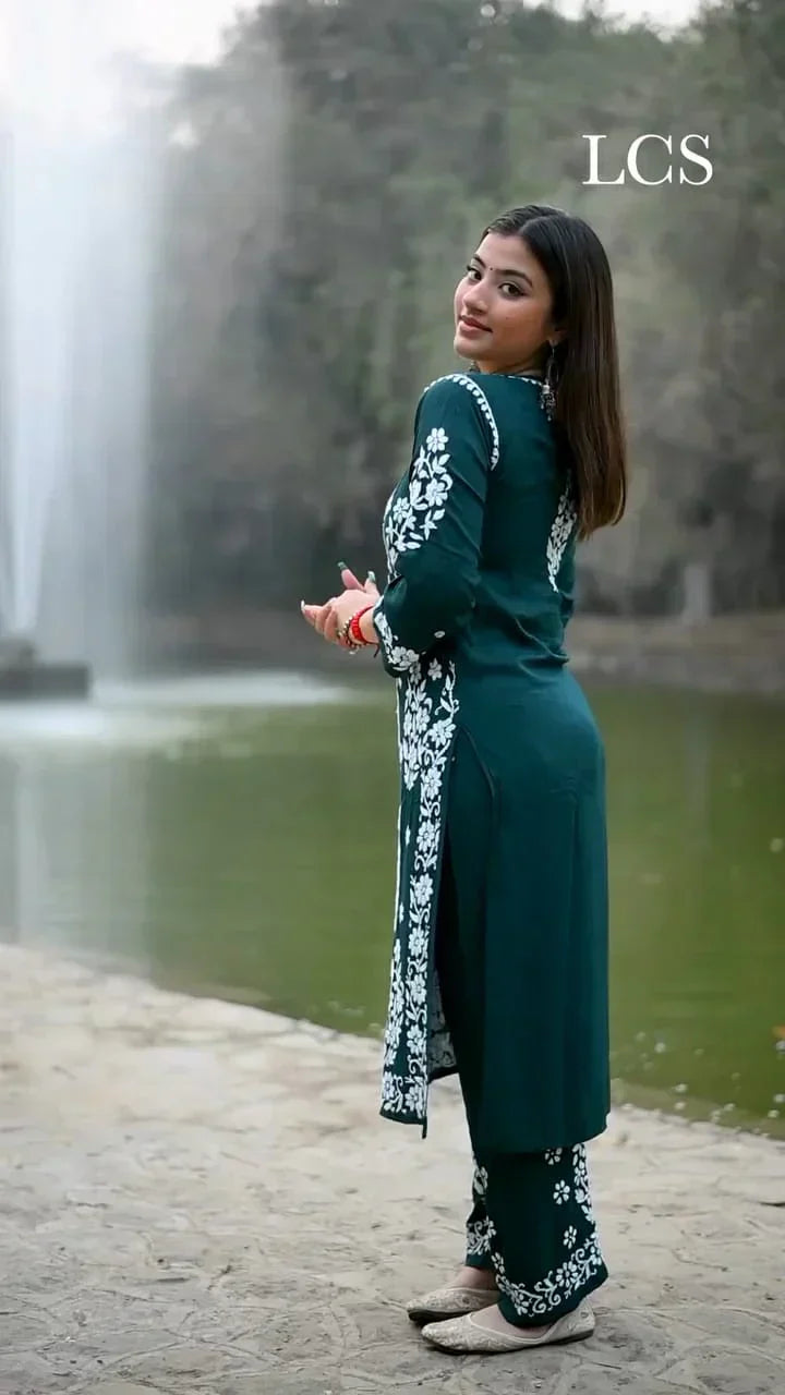 New LUCKNOW CHIKANKARI EXCLUSIVE KURTI_PENT PAIR DESIGN (Dark Green)