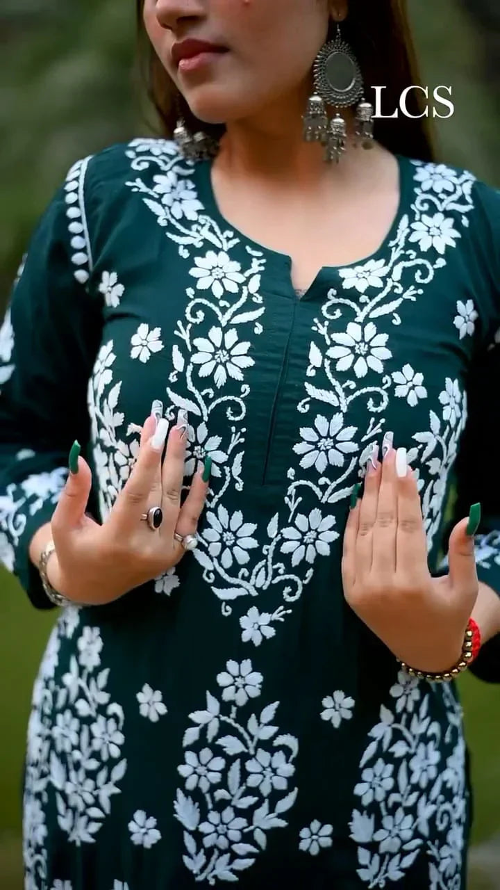 New LUCKNOW CHIKANKARI EXCLUSIVE KURTI_PENT PAIR DESIGN (Dark Green)