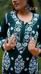New LUCKNOW CHIKANKARI EXCLUSIVE KURTI_PENT PAIR DESIGN (Dark Green)