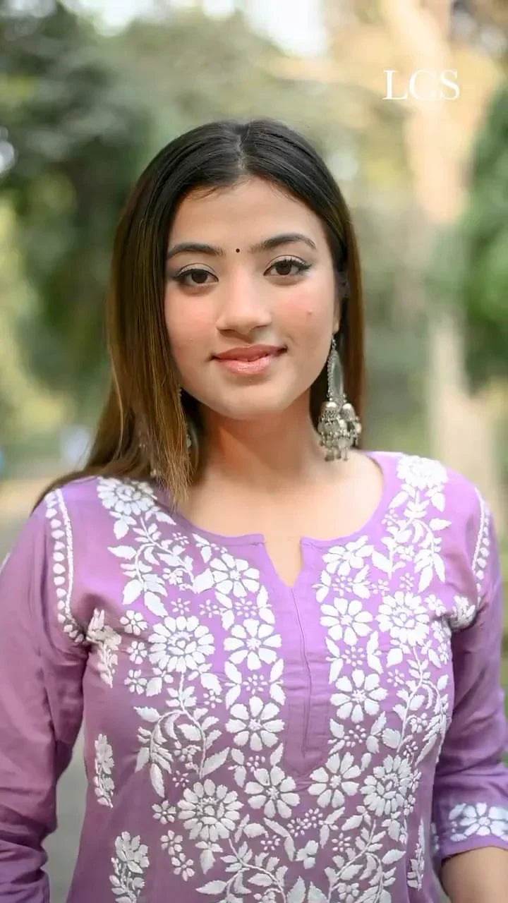 LUCKNOW CHIKANKARI EXCLUSIVE KURTI_PAIR PENT DESIGN (Purple)