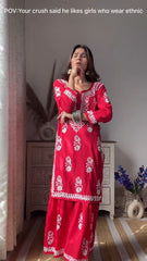 LUCKNOW CHIKANKARI EXCLUSIVE KURTI_PAIR PENT DESIGN (Red)