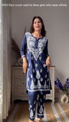LUCKNOW CHIKANKARI EXCLUSIVE KURTI_PAIR PENT DESIGN (Dark Blue)