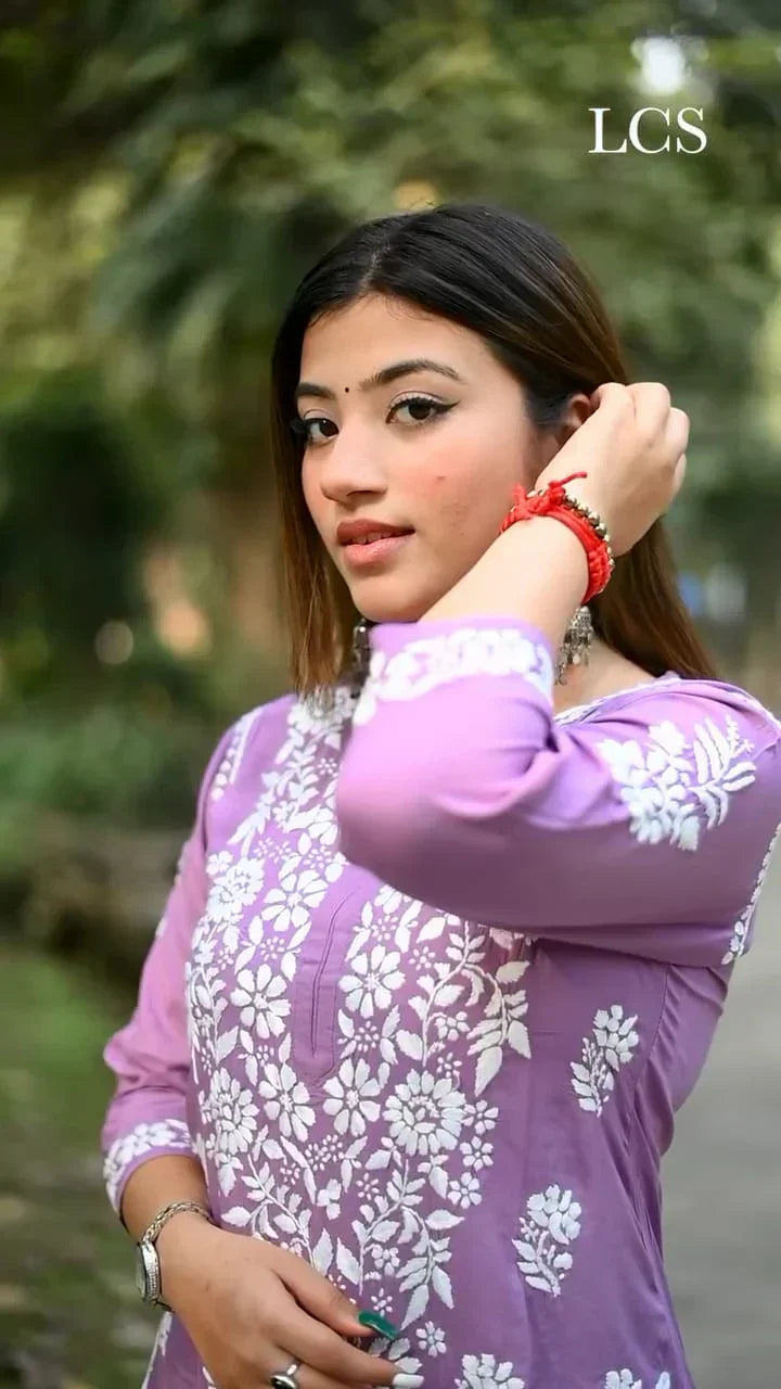 LUCKNOW CHIKANKARI EXCLUSIVE KURTI_PAIR PENT DESIGN (Purple)